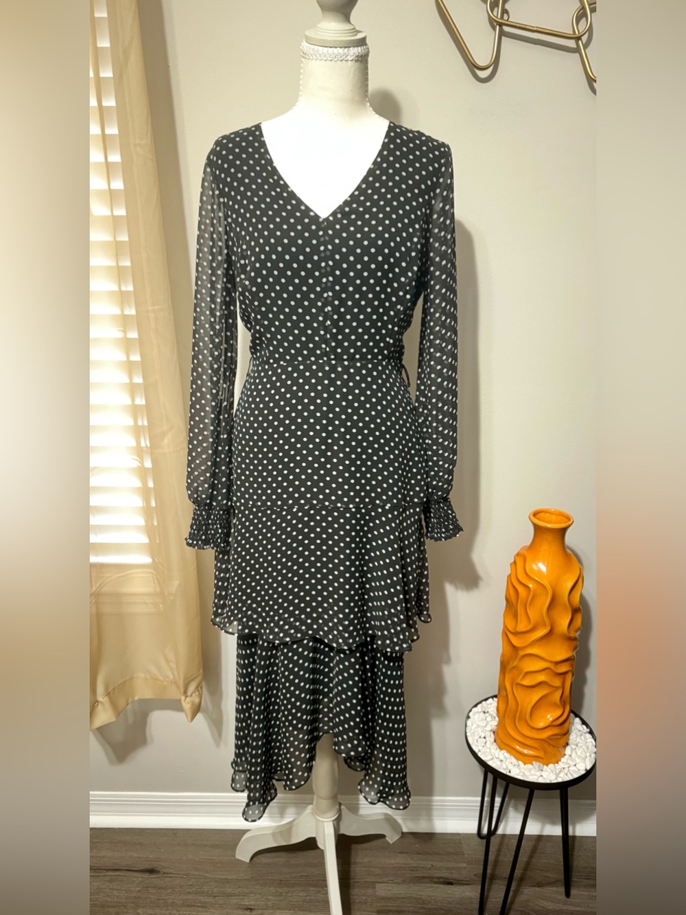 Sam Edelman Black and White Polka Dot High-Low V-Neck Dress